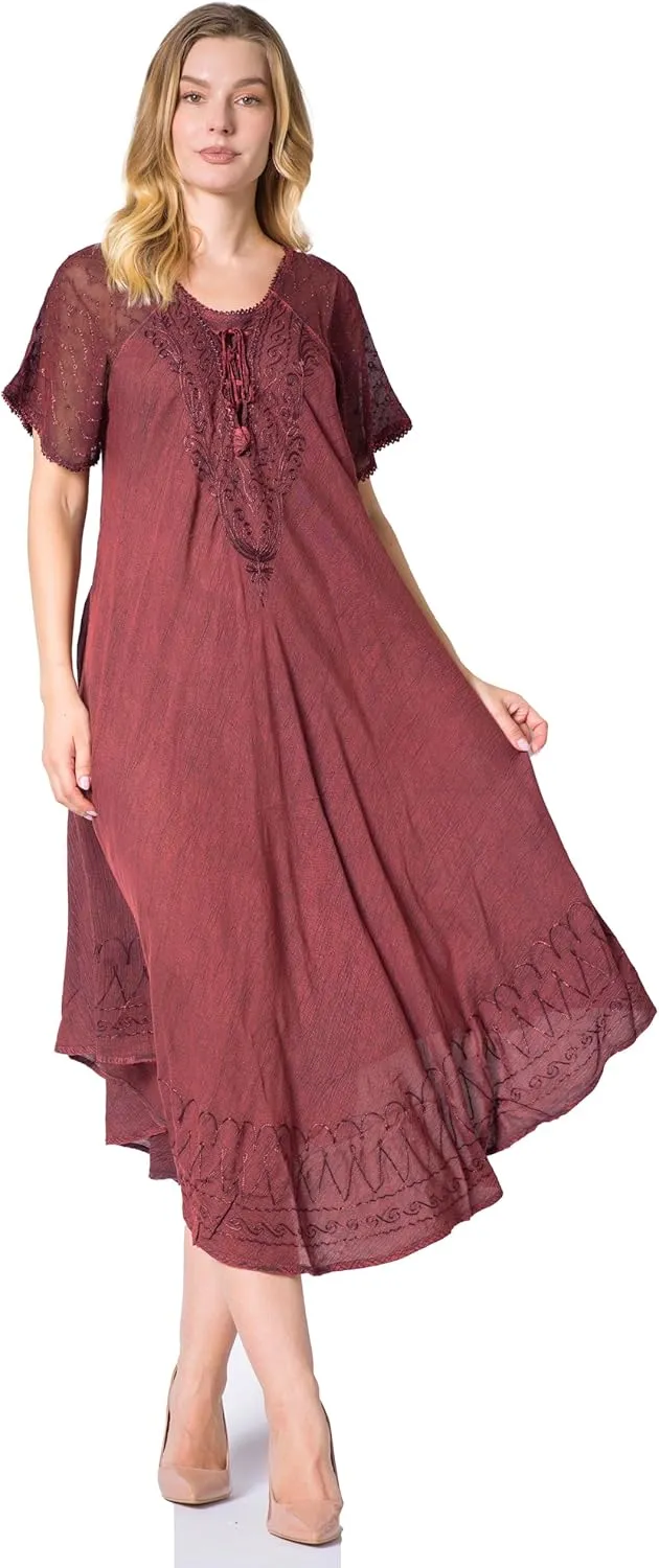 Sakkas Egan Long Embroidered Caftan Dress/Cover Up with Embroidered Cap Sleeves