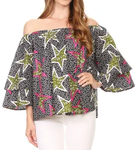 Sakkas Omari Off-shoulder Bell Sleeve Blouse Top Relax Fit Ankara African Wax