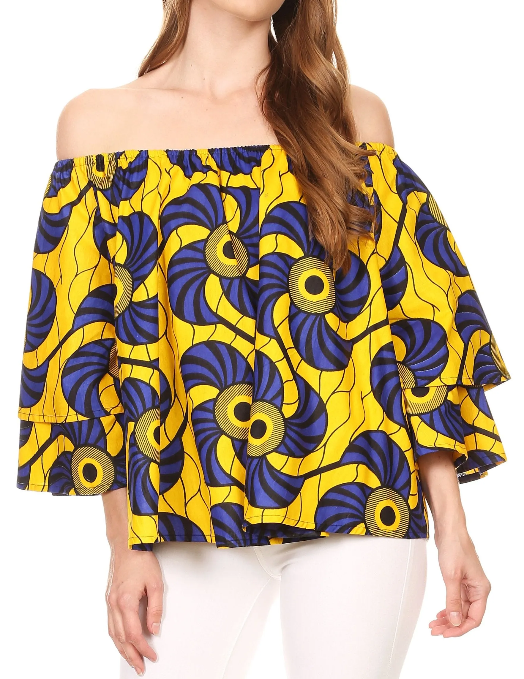 Sakkas Omari Off-shoulder Bell Sleeve Blouse Top Relax Fit Ankara African Wax