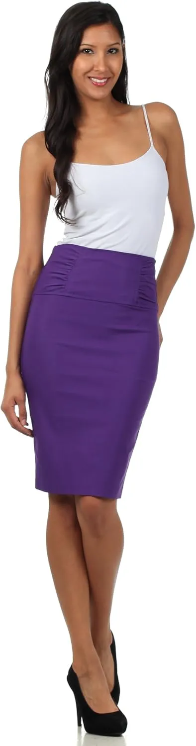 Sakkas Petite High Waist Stretch Pencil Skirt with Shirred Waist Detail