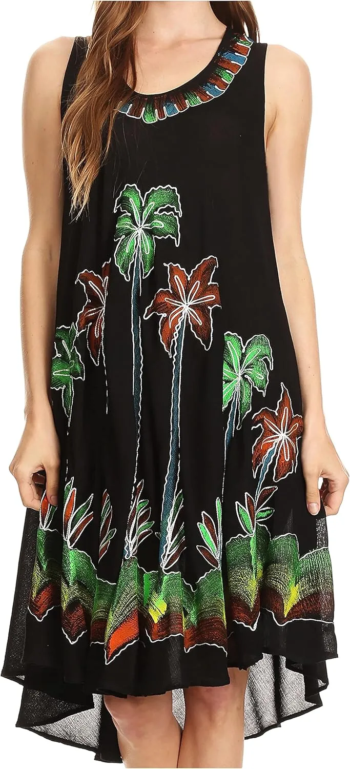 Sakkas Watercolor Palm Tree Tank Caftan Short Dress