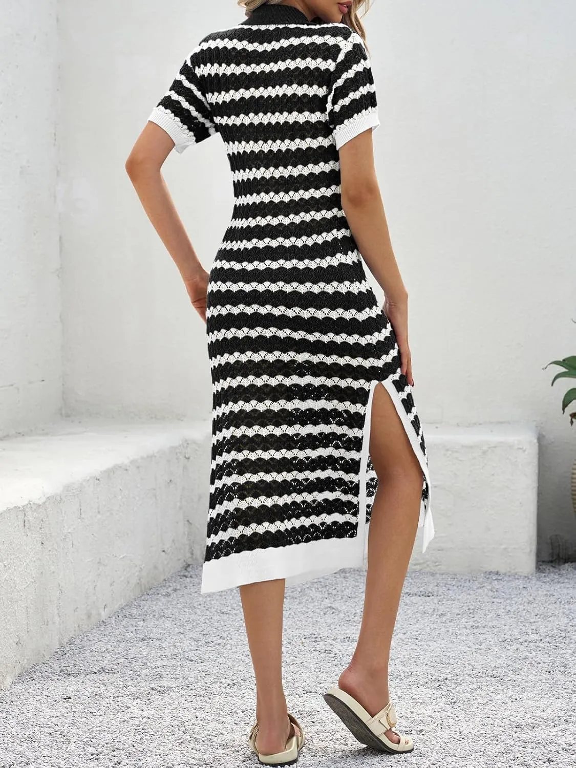 Saodimallsu Womens Striped Summer Dresses V Neck Collared Short Sleeve Loose Knit Slit Midi Sweater Dress