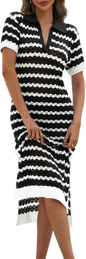 Saodimallsu Womens Striped Summer Dresses V Neck Collared Short Sleeve Loose Knit Slit Midi Sweater Dress