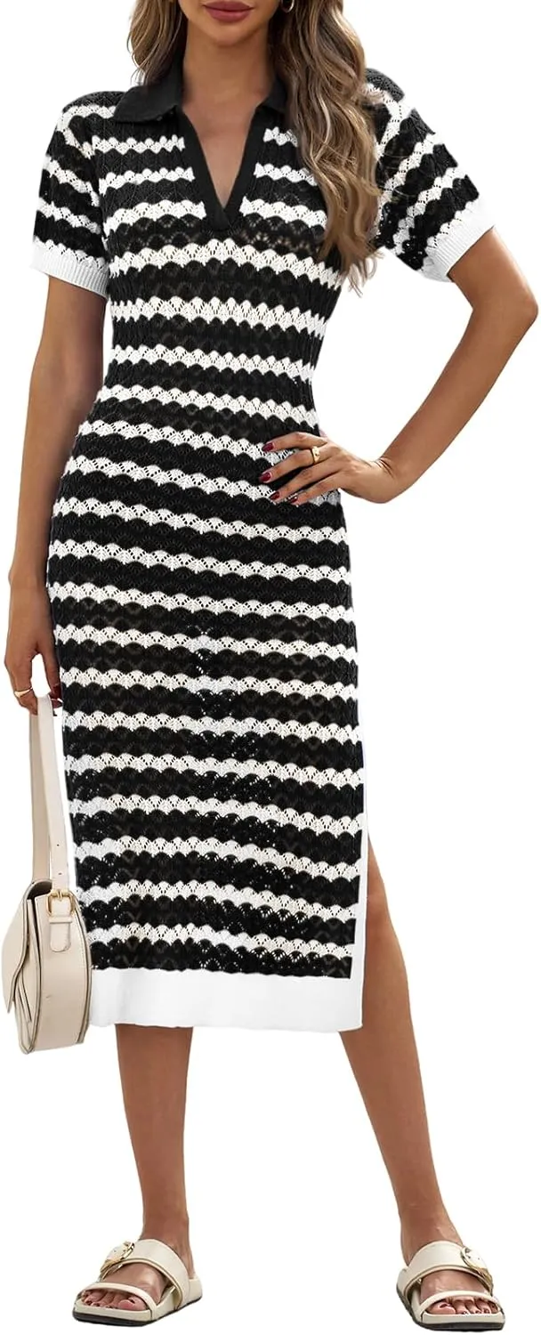 Saodimallsu Womens Striped Summer Dresses V Neck Collared Short Sleeve Loose Knit Slit Midi Sweater Dress