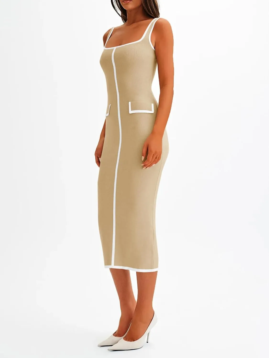 Saodimallsu Womens Summer Sleeveless Midi Dress Square Neck Knit Cocktail Bodycon Color Block Tank Dresses