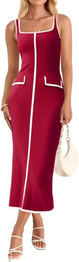 Saodimallsu Womens Summer Sleeveless Midi Dress Square Neck Knit Cocktail Bodycon Color Block Tank Dresses