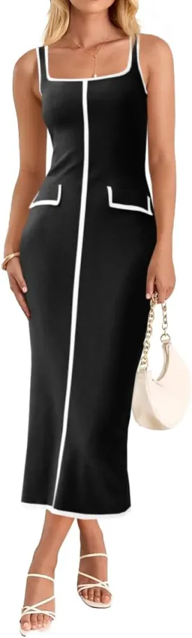 Saodimallsu Womens Summer Sleeveless Midi Dress Square Neck Knit Cocktail Bodycon Color Block Tank Dresses