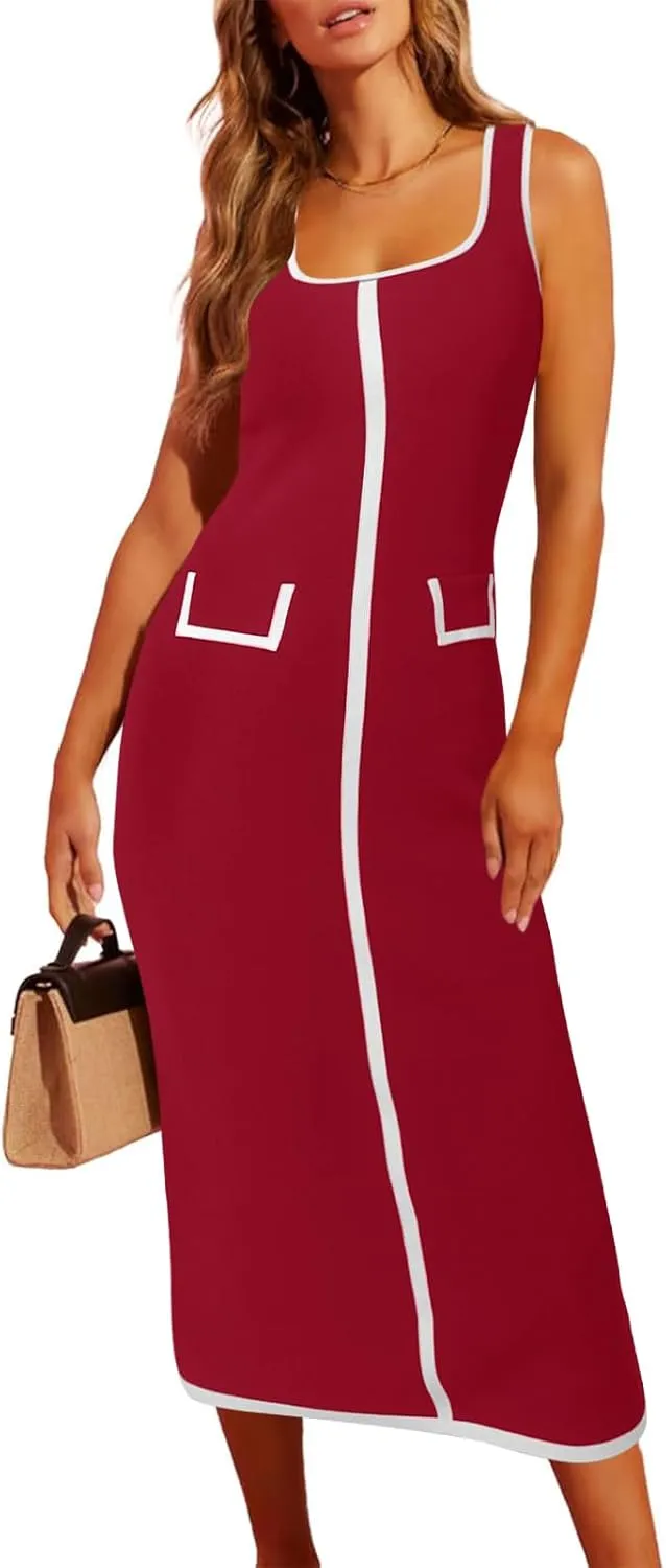 Saodimallsu Womens Summer Sleeveless Midi Dress Square Neck Knit Cocktail Bodycon Color Block Tank Dresses