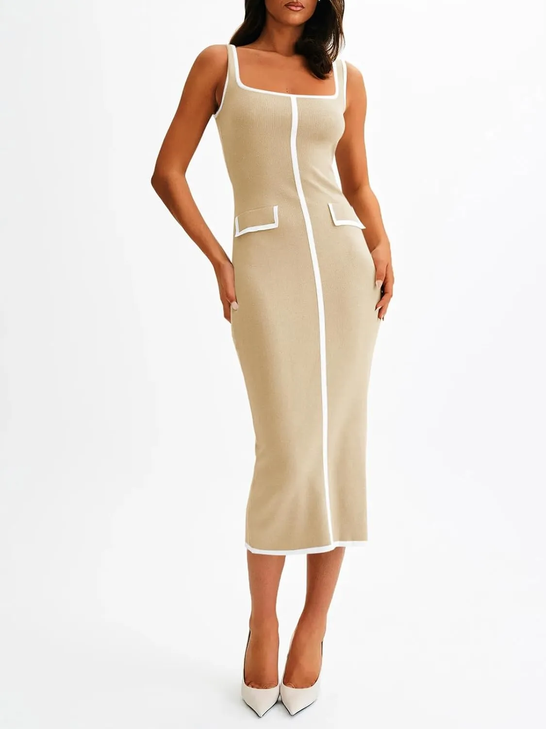 Saodimallsu Womens Summer Sleeveless Midi Dress Square Neck Knit Cocktail Bodycon Color Block Tank Dresses