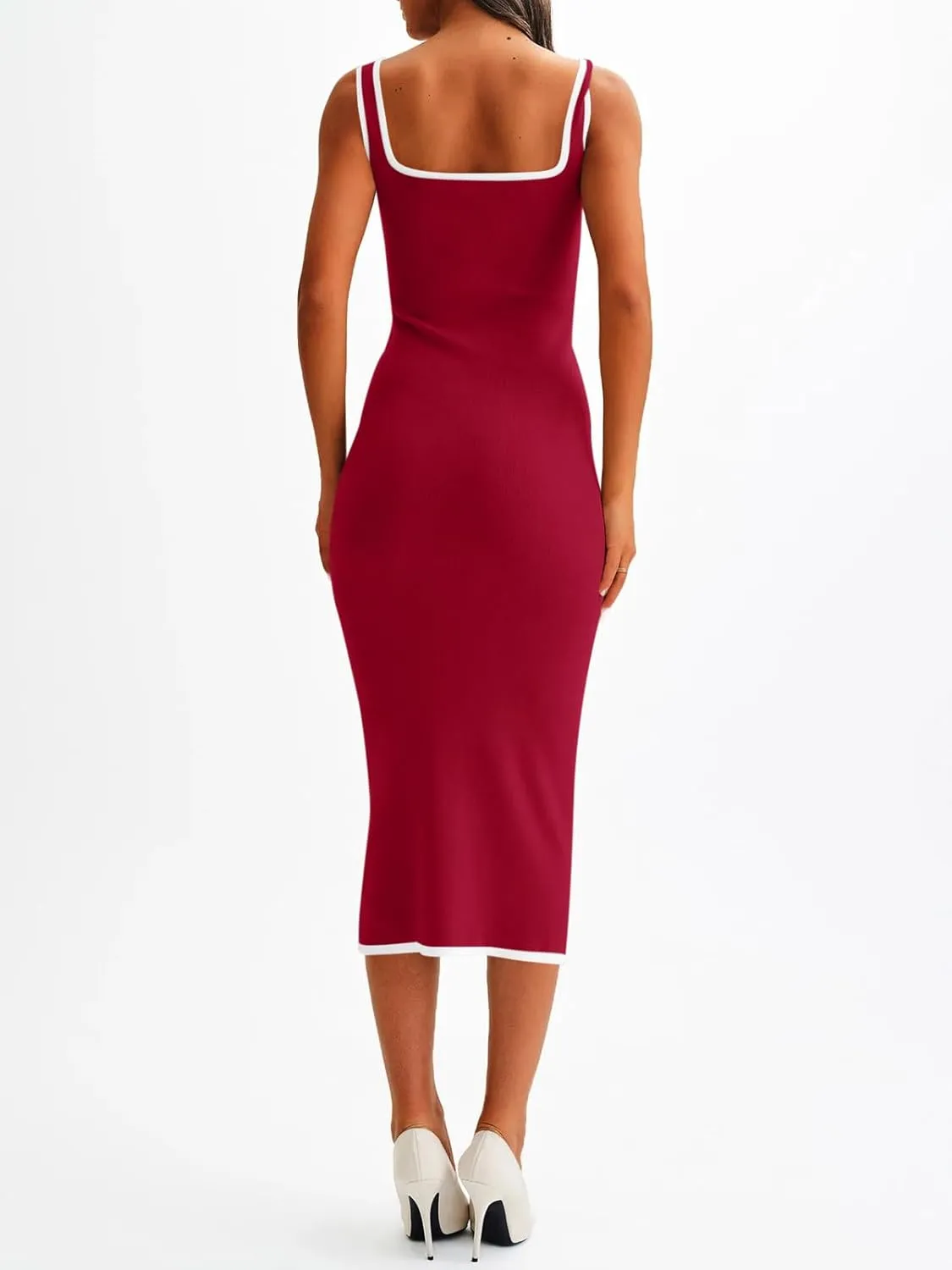 Saodimallsu Womens Summer Sleeveless Midi Dress Square Neck Knit Cocktail Bodycon Color Block Tank Dresses