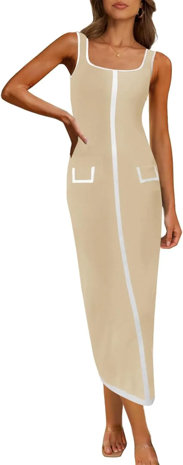 Saodimallsu Womens Summer Sleeveless Midi Dress Square Neck Knit Cocktail Bodycon Color Block Tank Dresses