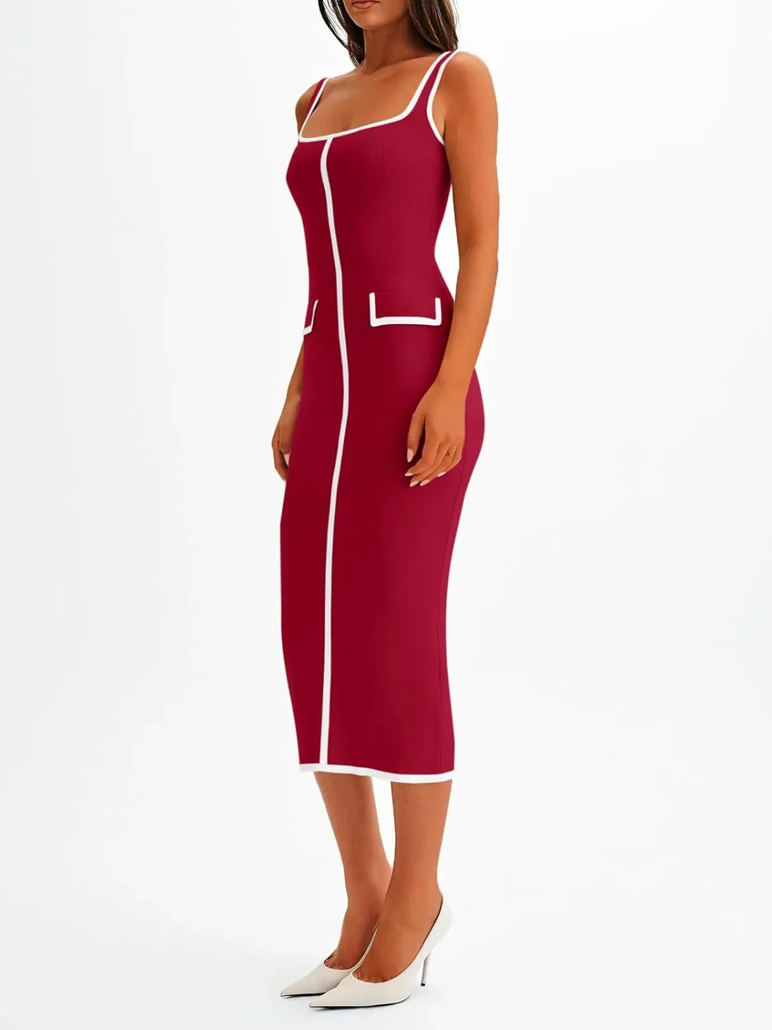 Saodimallsu Womens Summer Sleeveless Midi Dress Square Neck Knit Cocktail Bodycon Color Block Tank Dresses