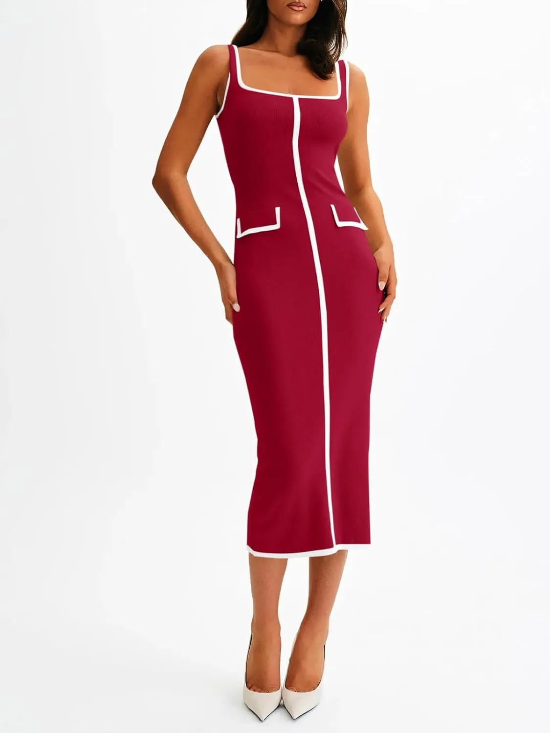 Saodimallsu Womens Summer Sleeveless Midi Dress Square Neck Knit Cocktail Bodycon Color Block Tank Dresses