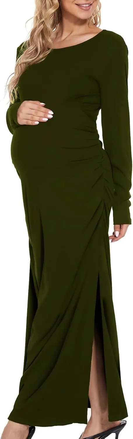 Smallshow Women's Split Maternity Dress Long Sleeve Ruched Pregnancy Clothes