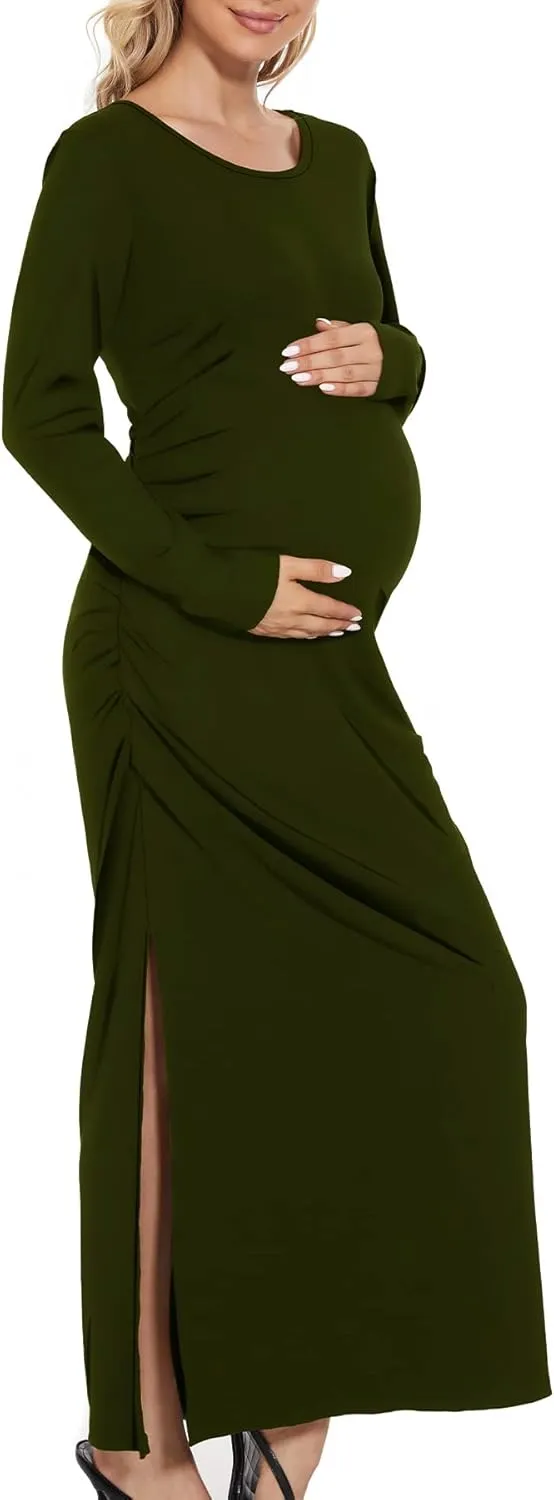 Smallshow Women's Split Maternity Dress Long Sleeve Ruched Pregnancy Clothes