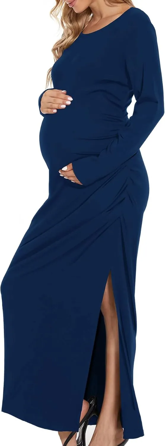 Smallshow Women's Split Maternity Dress Long Sleeve Ruched Pregnancy Clothes