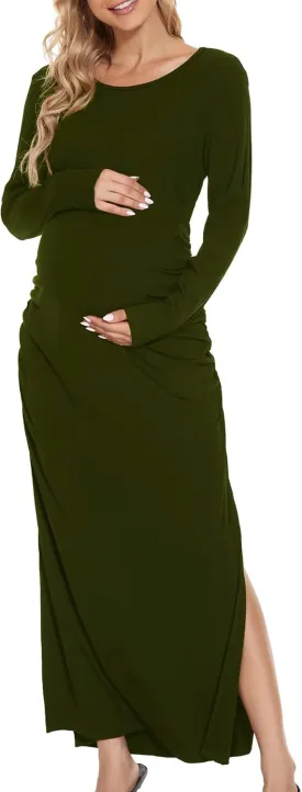 Smallshow Women's Split Maternity Dress Long Sleeve Ruched Pregnancy Clothes