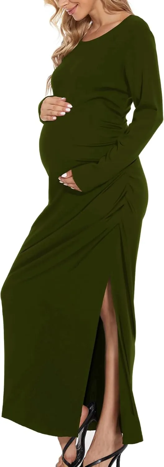 Smallshow Women's Split Maternity Dress Long Sleeve Ruched Pregnancy Clothes