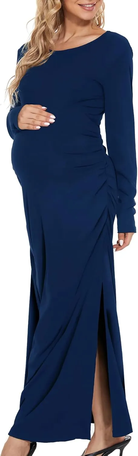 Smallshow Women's Split Maternity Dress Long Sleeve Ruched Pregnancy Clothes