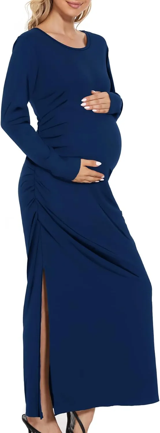 Smallshow Women's Split Maternity Dress Long Sleeve Ruched Pregnancy Clothes