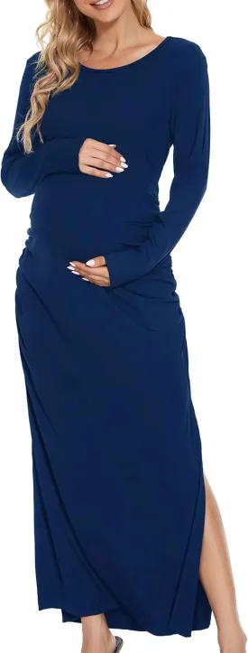 Smallshow Women's Split Maternity Dress Long Sleeve Ruched Pregnancy Clothes