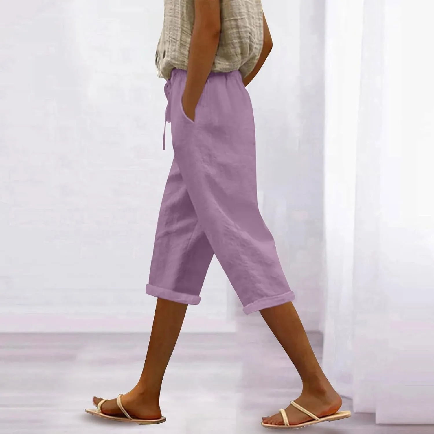 Straight Leg Linen Pants for Women Dressy Lounge Lightweight Loose High Waist Linen Slacks for Women