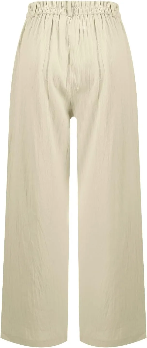 Summer Linen Pants for Women Loose Drawstring Palazzo Fashion Beach Linen Capri Women
