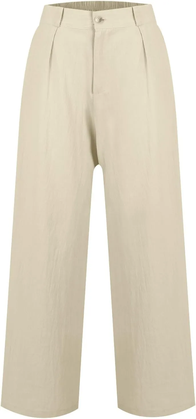 Summer Linen Pants for Women Loose Drawstring Palazzo Fashion Beach Linen Capri Women