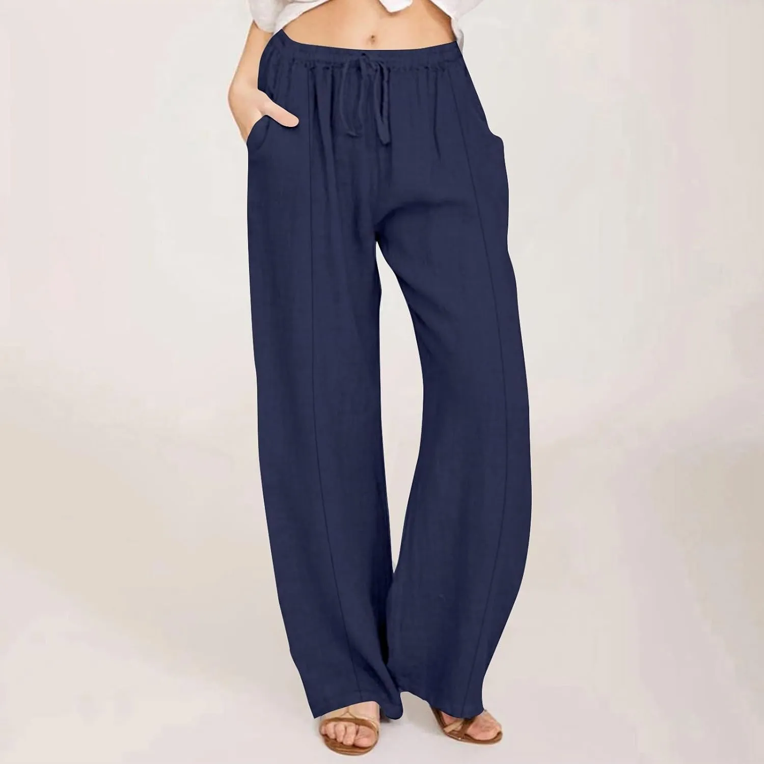 Womens Linen Pants with Pockets Casual Loose Elastic Waist Vacation Palazzo Linen Capri Women