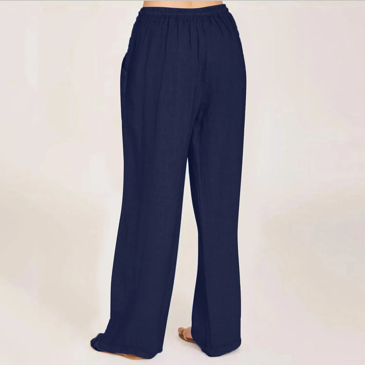 Womens Linen Pants with Pockets Casual Loose Elastic Waist Vacation Palazzo Linen Capri Women