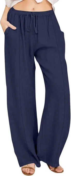Womens Linen Pants with Pockets Casual Loose Elastic Waist Vacation Palazzo Linen Capri Women