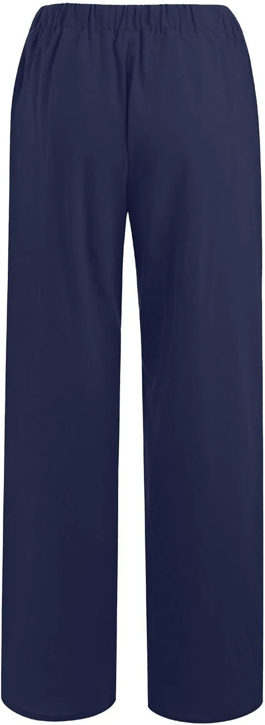 Womens Linen Pants with Pockets Casual Loose Elastic Waist Vacation Palazzo Linen Capri Women