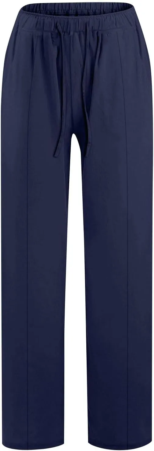 Womens Linen Pants with Pockets Casual Loose Elastic Waist Vacation Palazzo Linen Capri Women
