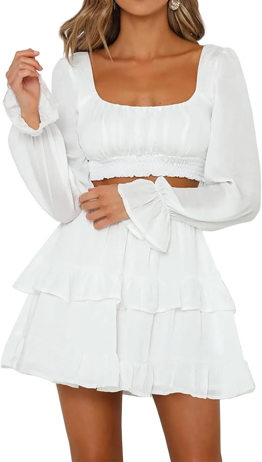 Women's Pleated Ruffles Flared Skirt Casual Boho Tiered Flowy Basic Casual High Waisted Mini Skater Skirts