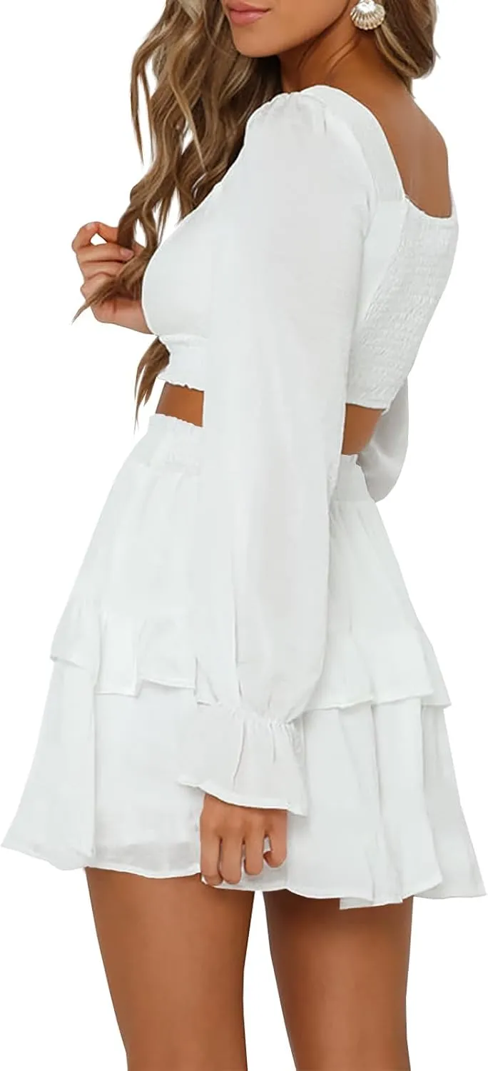Women's Pleated Ruffles Flared Skirt Casual Boho Tiered Flowy Basic Casual High Waisted Mini Skater Skirts