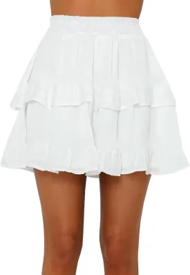 Women's Pleated Ruffles Flared Skirt Casual Boho Tiered Flowy Basic Casual High Waisted Mini Skater Skirts