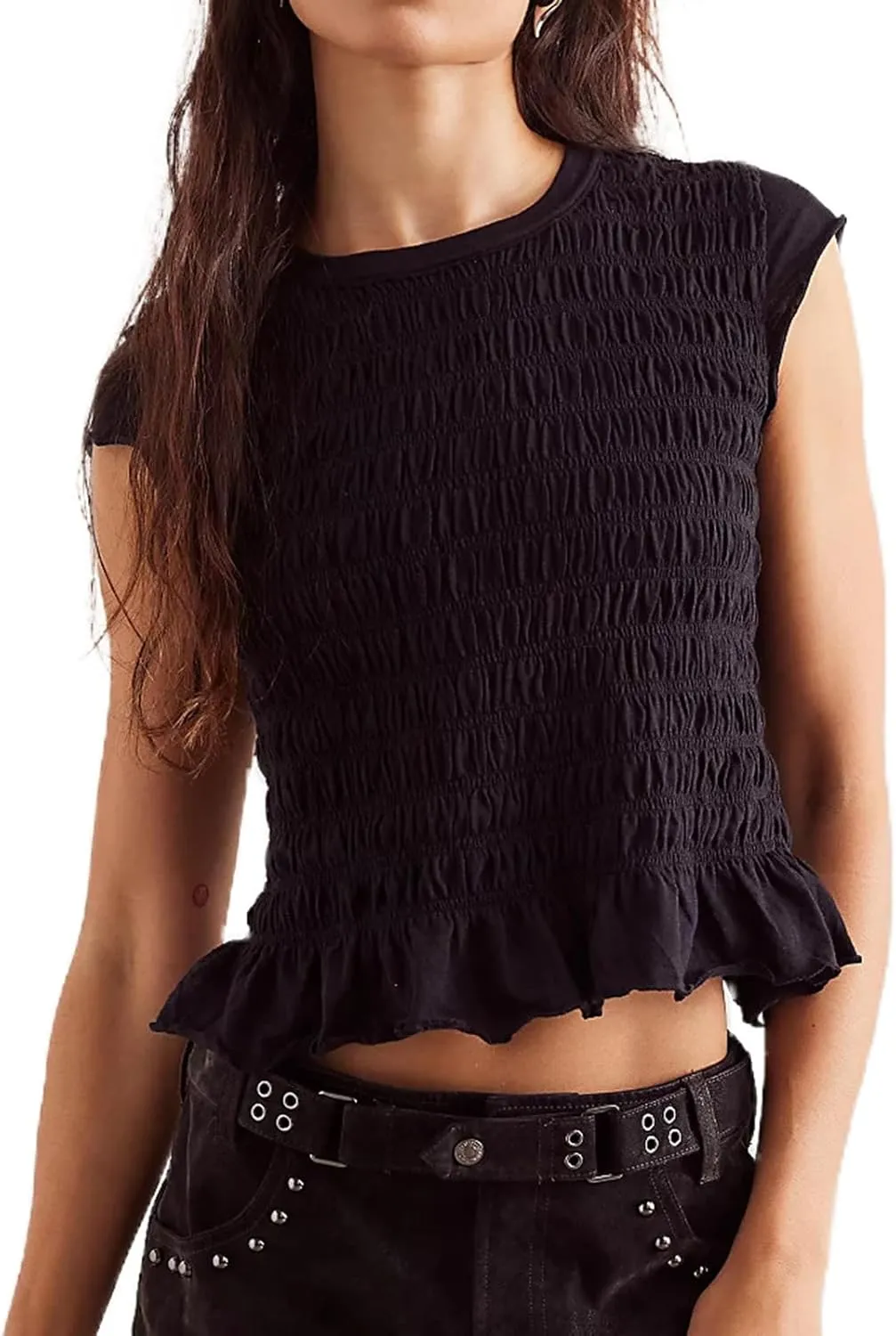 Womens Smocked Tops Summer Shirred Ruffle Going Out Y2k Short Cap Sleeve Baby Tee Slim Fit Going Out Crop Tank Top