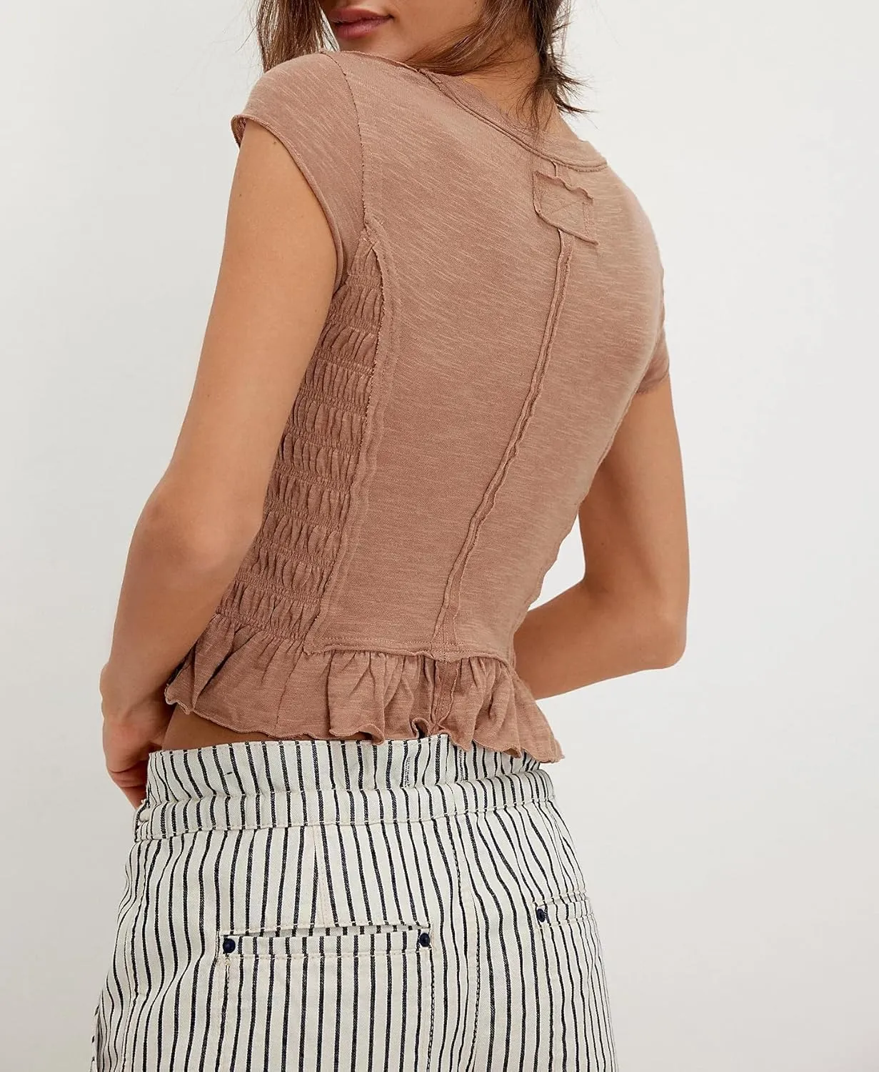 Womens Smocked Tops Summer Shirred Ruffle Going Out Y2k Short Cap Sleeve Baby Tee Slim Fit Going Out Crop Tank Top