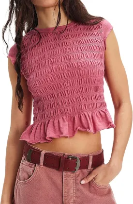 Womens Smocked Tops Summer Shirred Ruffle Going Out Y2k Short Cap Sleeve Baby Tee Slim Fit Going Out Crop Tank Top