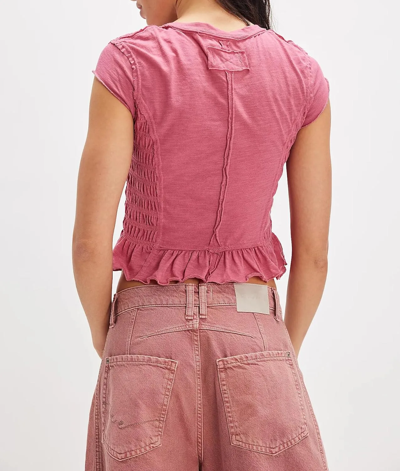 Womens Smocked Tops Summer Shirred Ruffle Going Out Y2k Short Cap Sleeve Baby Tee Slim Fit Going Out Crop Tank Top