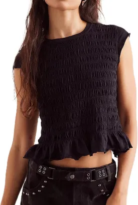 Womens Smocked Tops Summer Shirred Ruffle Going Out Y2k Short Cap Sleeve Baby Tee Slim Fit Going Out Crop Tank Top