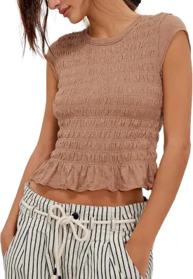 Womens Smocked Tops Summer Shirred Ruffle Going Out Y2k Short Cap Sleeve Baby Tee Slim Fit Going Out Crop Tank Top