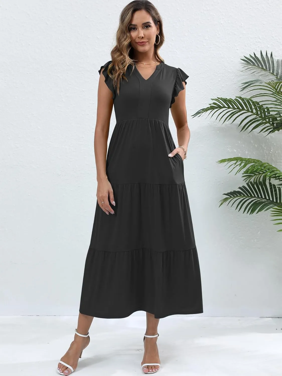 Womens Summer Casual Maxi Dress V Neck Ruffle Sleeve Sundress Fashion Flowy Tiered Boho Beach Vacation Long Dresses