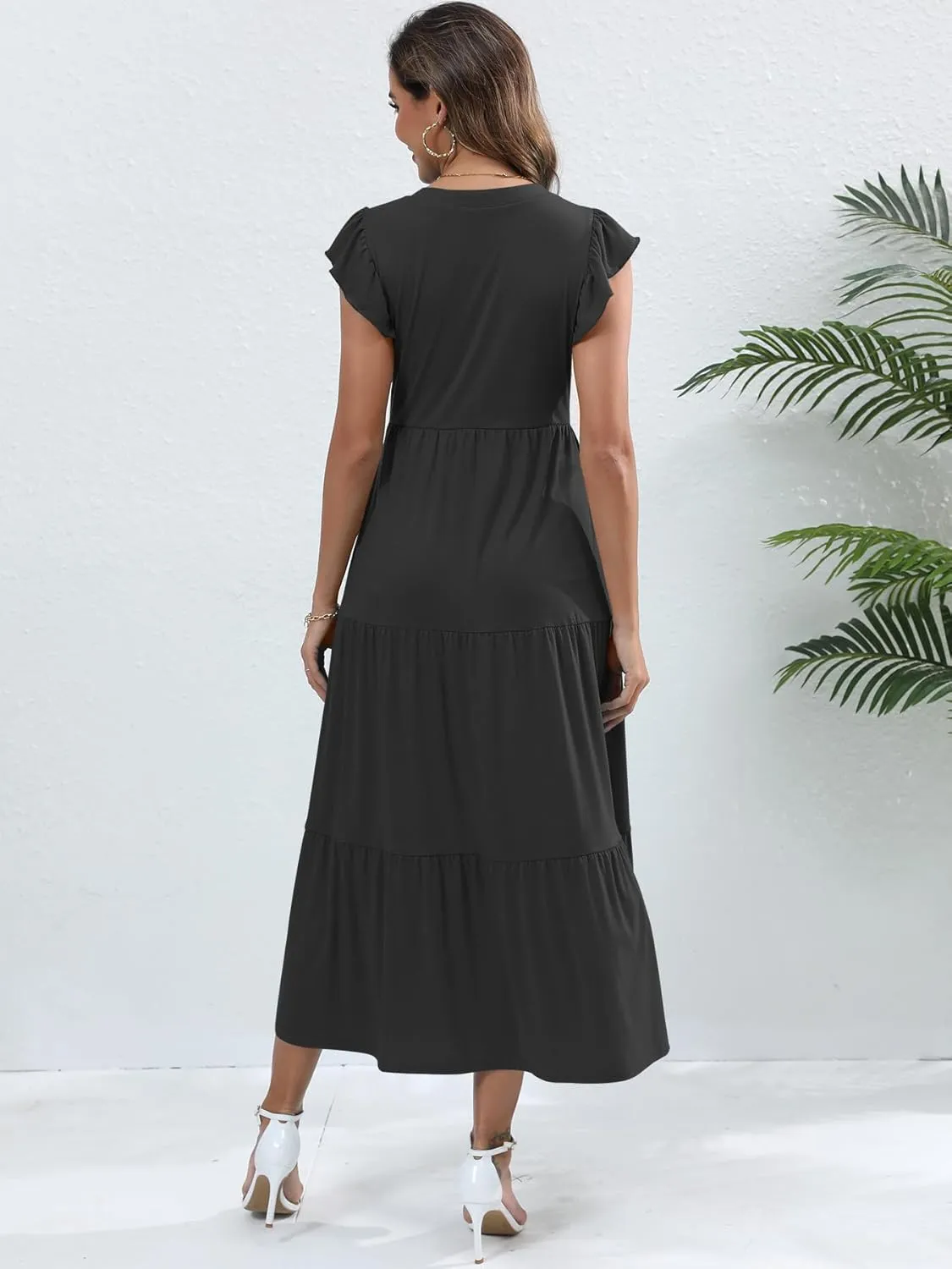 Womens Summer Casual Maxi Dress V Neck Ruffle Sleeve Sundress Fashion Flowy Tiered Boho Beach Vacation Long Dresses
