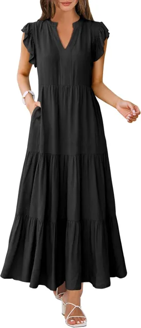 Womens Summer Casual Maxi Dress V Neck Ruffle Sleeve Sundress Fashion Flowy Tiered Boho Beach Vacation Long Dresses
