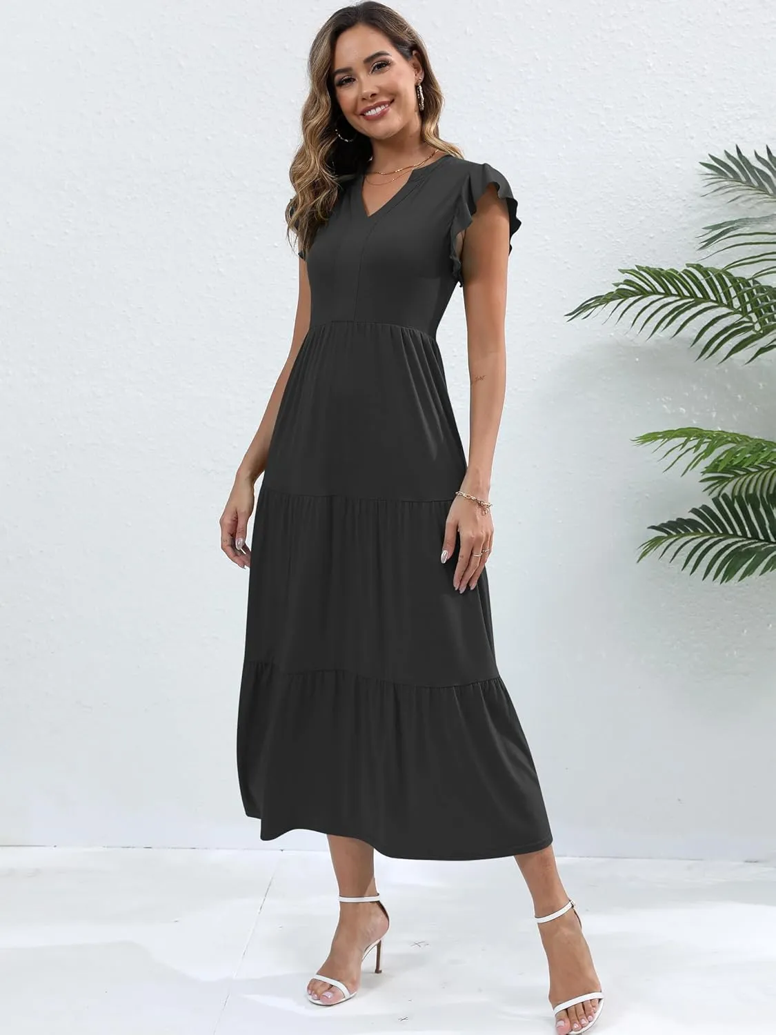 Womens Summer Casual Maxi Dress V Neck Ruffle Sleeve Sundress Fashion Flowy Tiered Boho Beach Vacation Long Dresses