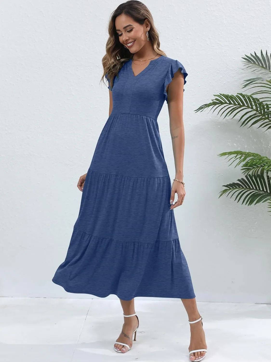Womens Summer Casual Maxi Dress V Neck Ruffle Sleeve Sundress Fashion Flowy Tiered Boho Beach Vacation Long Dresses