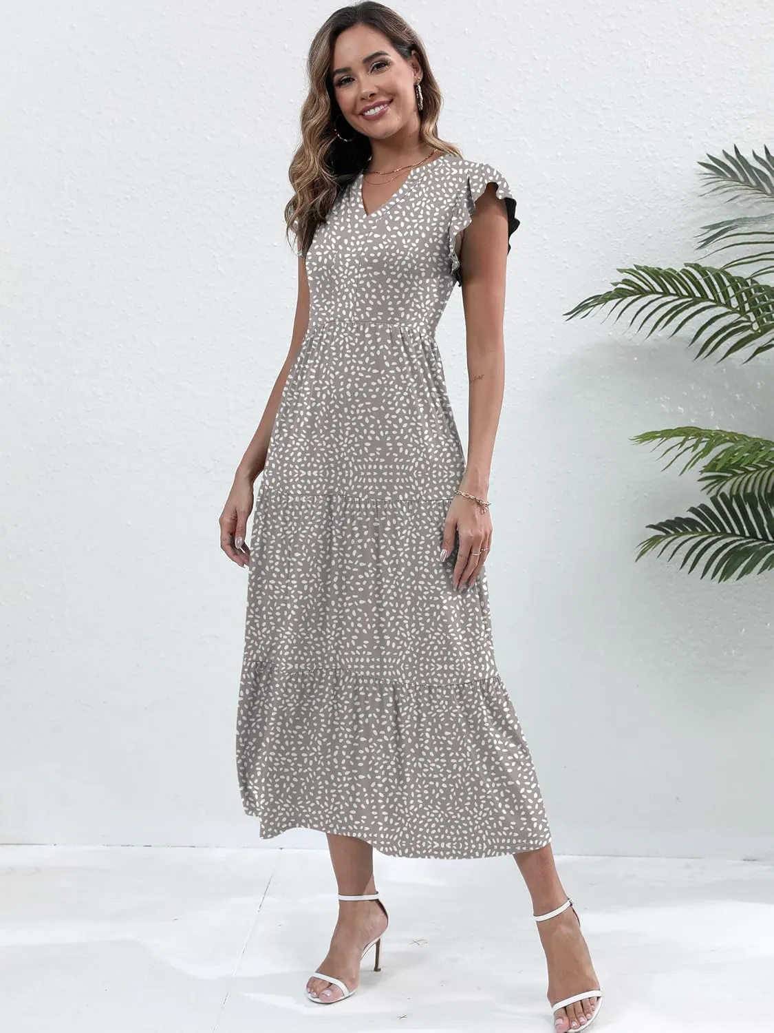 Womens Summer Casual Maxi Dress V Neck Ruffle Sleeve Sundress Fashion Flowy Tiered Boho Beach Vacation Long Dresses