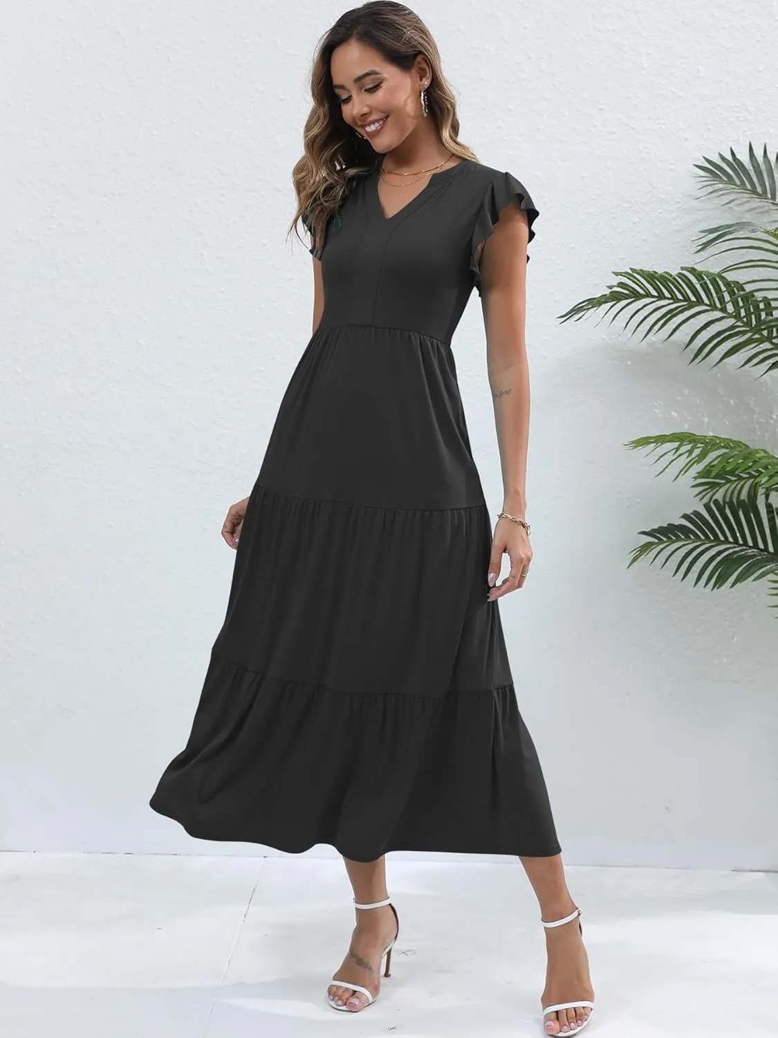 Womens Summer Casual Maxi Dress V Neck Ruffle Sleeve Sundress Fashion Flowy Tiered Boho Beach Vacation Long Dresses