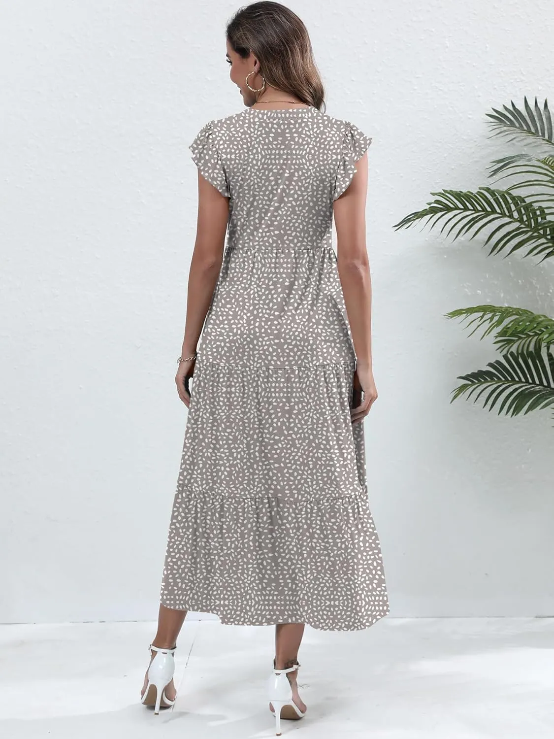 Womens Summer Casual Maxi Dress V Neck Ruffle Sleeve Sundress Fashion Flowy Tiered Boho Beach Vacation Long Dresses